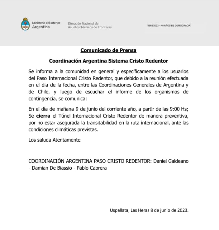 Comunicado Dirección Nacional de Asuntos de Fronteras