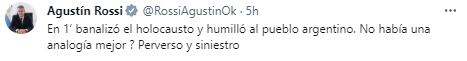 El repudio de Agustín Rossi sobre los dichos de Martín Krause. Gentileza: Captura X @RossiAgustinOk.