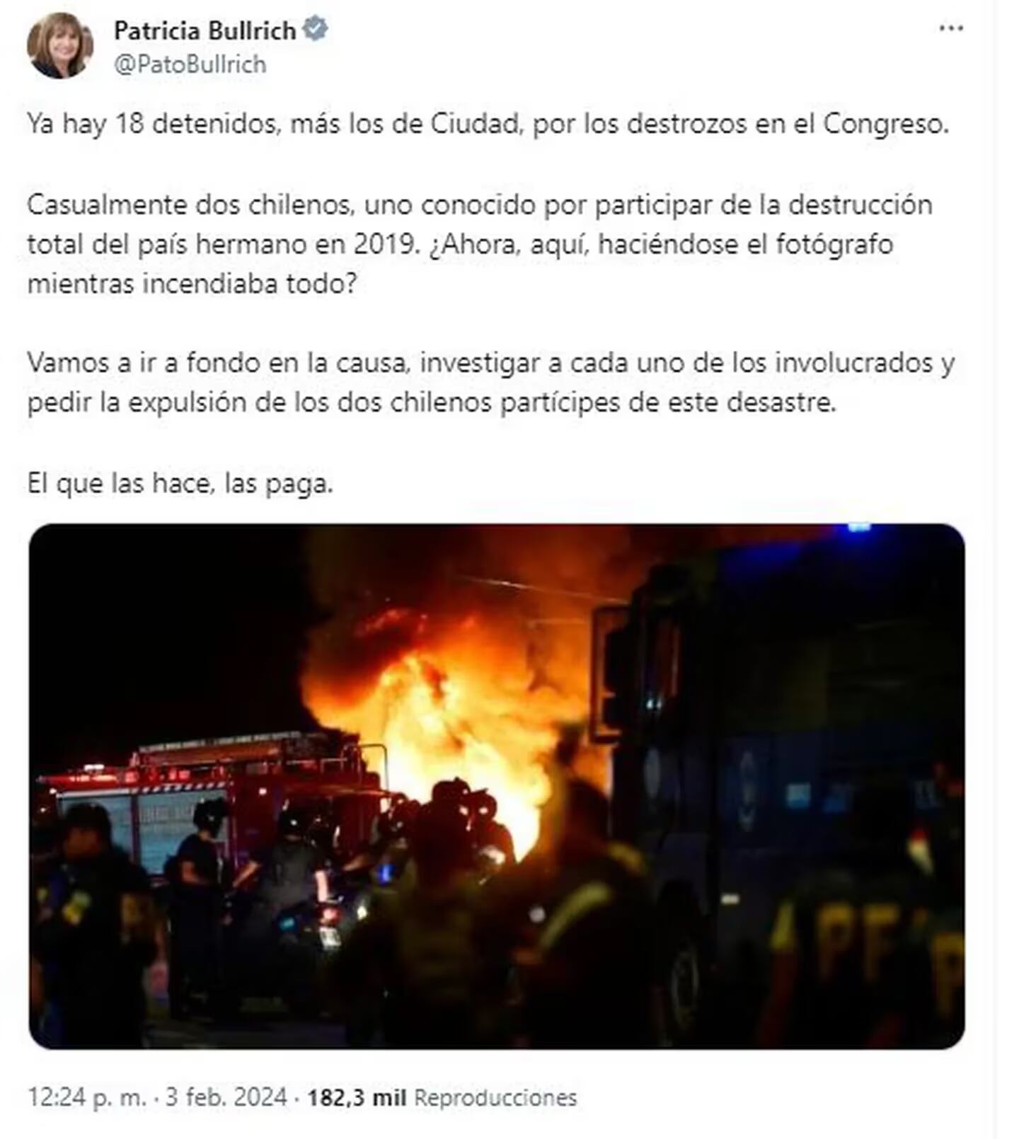 El tweet de la ministra de Seguridad sobre los detenidos tras los incidentes frente al Congreso. Foto: captura de X.