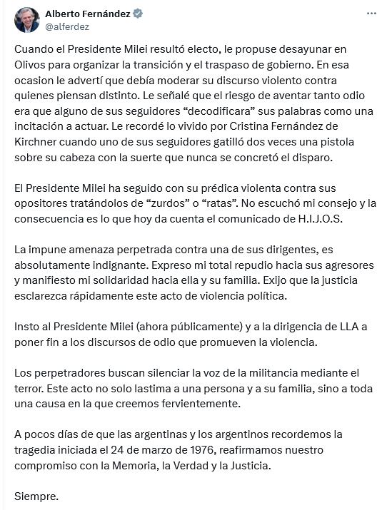 El expresidente relacionó la denuncia de una integrante de la agrupación Hijos con los discursos de violencia.