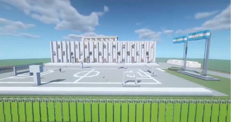 El exterior de la escuela, construido en Minecraft por los alumno de primero de la ETEC.