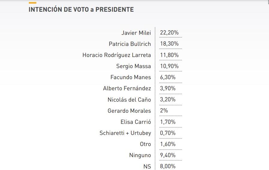 El ranking presidencial en intención de voto lo lidera Javier Milei.