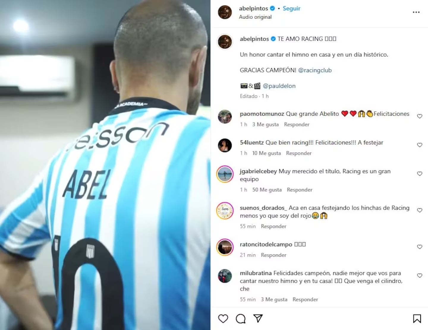 El festejo de Abel Pintos tras el triunfo de Racing. Instagram.