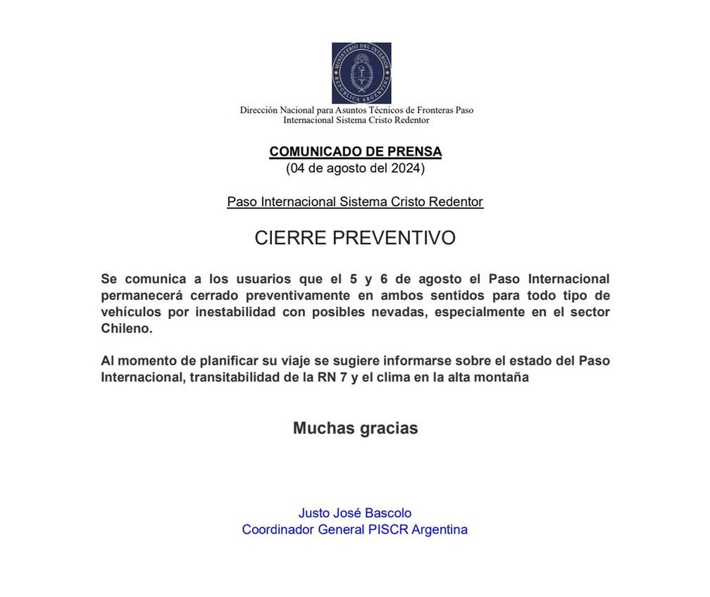 Cierre preventivo del Paso Internacional Cristo Redentor. Captura: X / @VALLEOVA