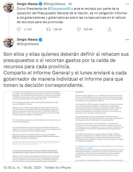 El mensaje de Sergio Massa en su cuenta oficial de Twitter.