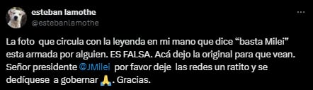 "Deje las redes un ratito y dedíquese a gobernar", el tuit de Lamothe a Milei por compartir una foto editada. Foto: captura de pantalla.