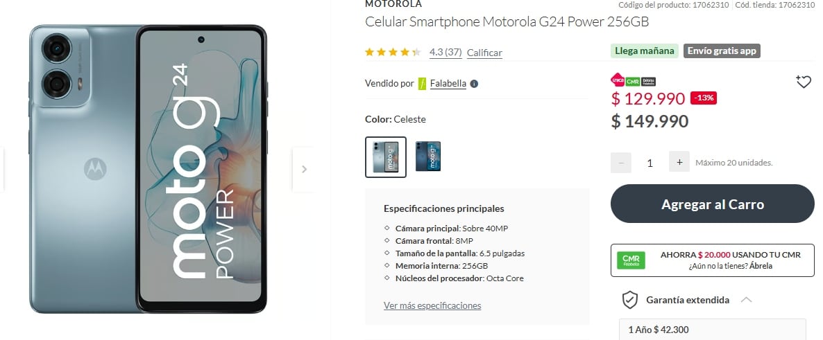 La tienda de Falabella ofrece un smartphone Motorola G24 Power 256GB a un precio promocional de $129.990 chilenos.