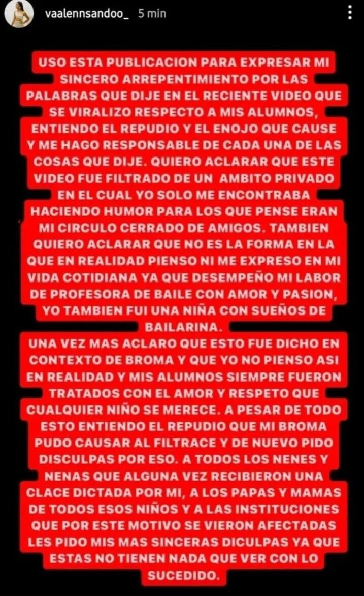 Comunicado de la maestra de danza ante sus polémicas declaraciones. (Gentileza)