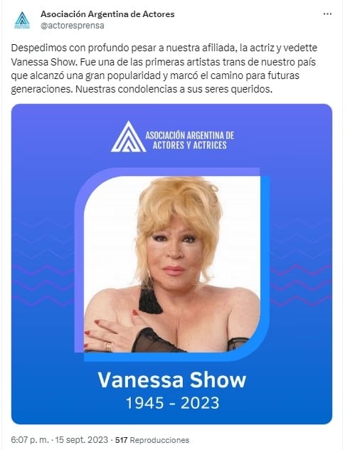 Murió a los 72 años Vanessa Show.