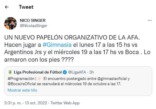 Generó polémica la programación de Gimnasia de La Plata vs. Boca.