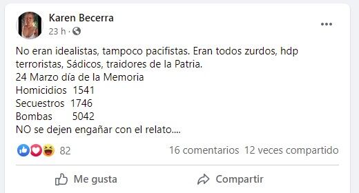 El posteo de Karen Becerra, la "reina soldado" contra los desaparecidos en la dictadura - 