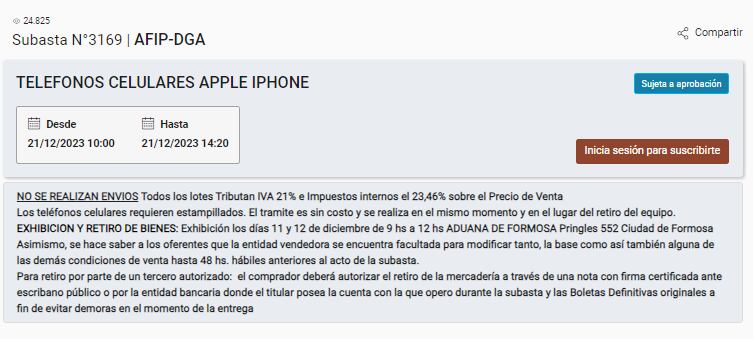 Los detalles de la subasta de los 51 lotes de iPhone. Foto: captura.