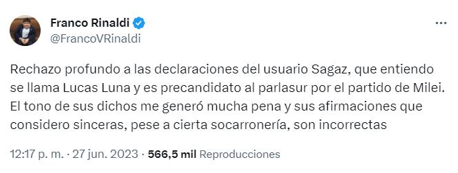 La respuesta de Franco Rinaldi - Twitter