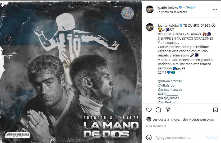 La versión de "La mano de Dios" que hizo L-Gante para rendirle homenaje a Rodrigo y Maradona