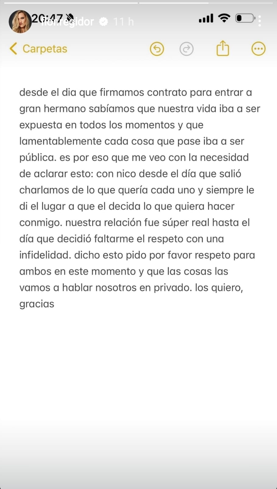 Flor Regidor compartió un comunicado en sus redes donde contó que está separada de Nicolás Grosman por serle infiel (Captura de pantalla)