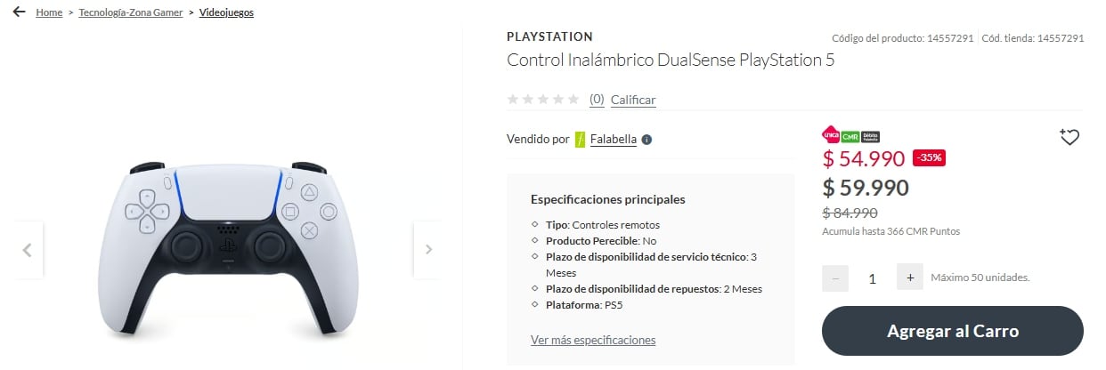 Un control Inalámbrico DualSense PlayStation 5 se encuentra a $54.990 chilenos.