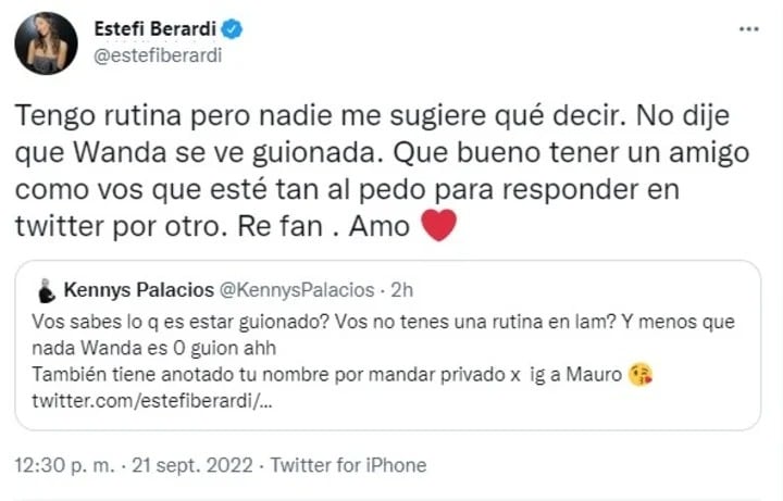 Kenny Palacios, el amigo de Wanda Nara,apuntó contra Estefi Berardi.