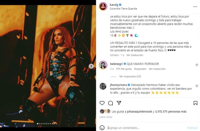 El agradecimiento de Karol G a sus fanáticos / Instagram