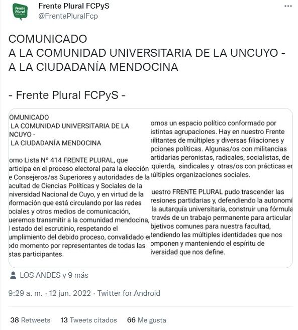 El Frente Plural sostiene que sus votos le son favorables en la FCPyS, aunque esperará a los resultados definitivos (Twitter)