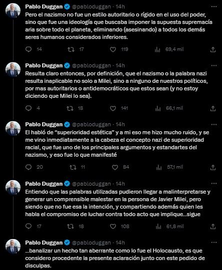 Así se disculpó Duggan en X.