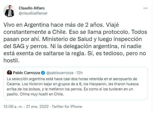 ¡Se picó la previa!: Tras el hostil recibimiento a la Selección y las burlas del “Dibu” Martínez, el Gobierno de Chile pidió “respeto”. Foto: Captura Twitter.