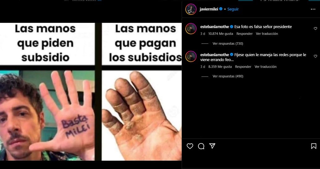 El post de Milei en Instagram donde aparece Lamothe. Foto: captura.