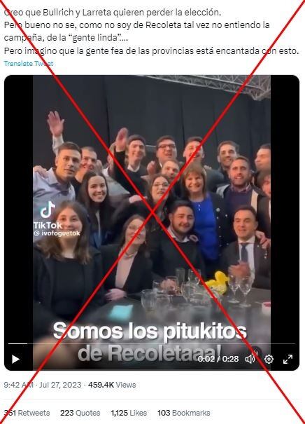 Es falso el video en el que seguidores de Patricia Bullrich cantan “somos los pitukitos de Recoleta”. Foto: Reverso