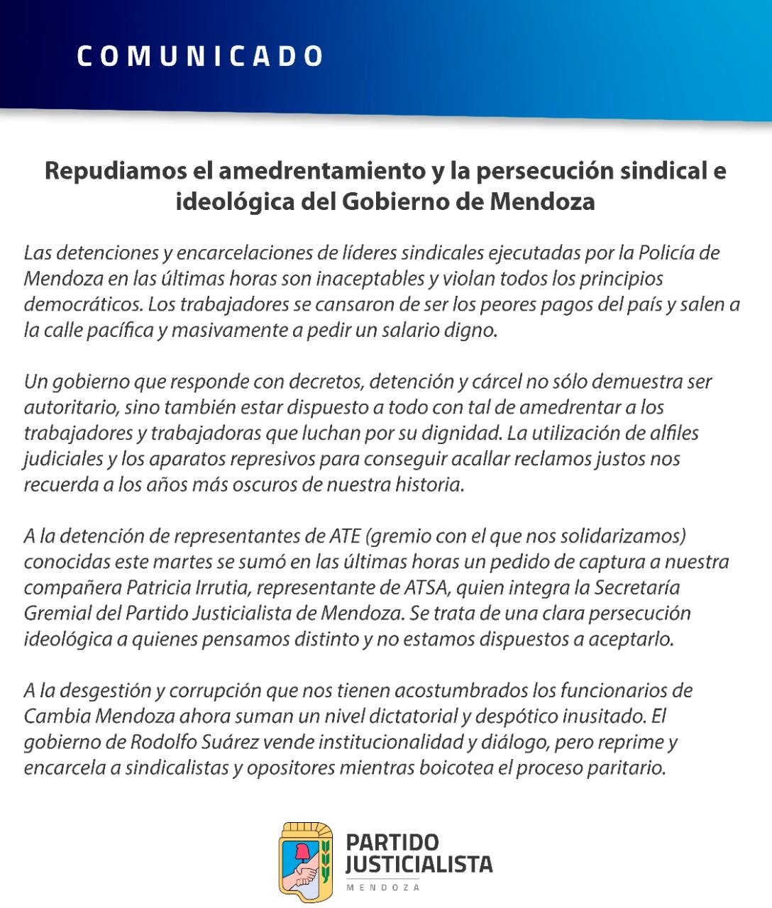 El Partido Justicialista cargó contra el Gobierno por la detención del gremialista de ATE.