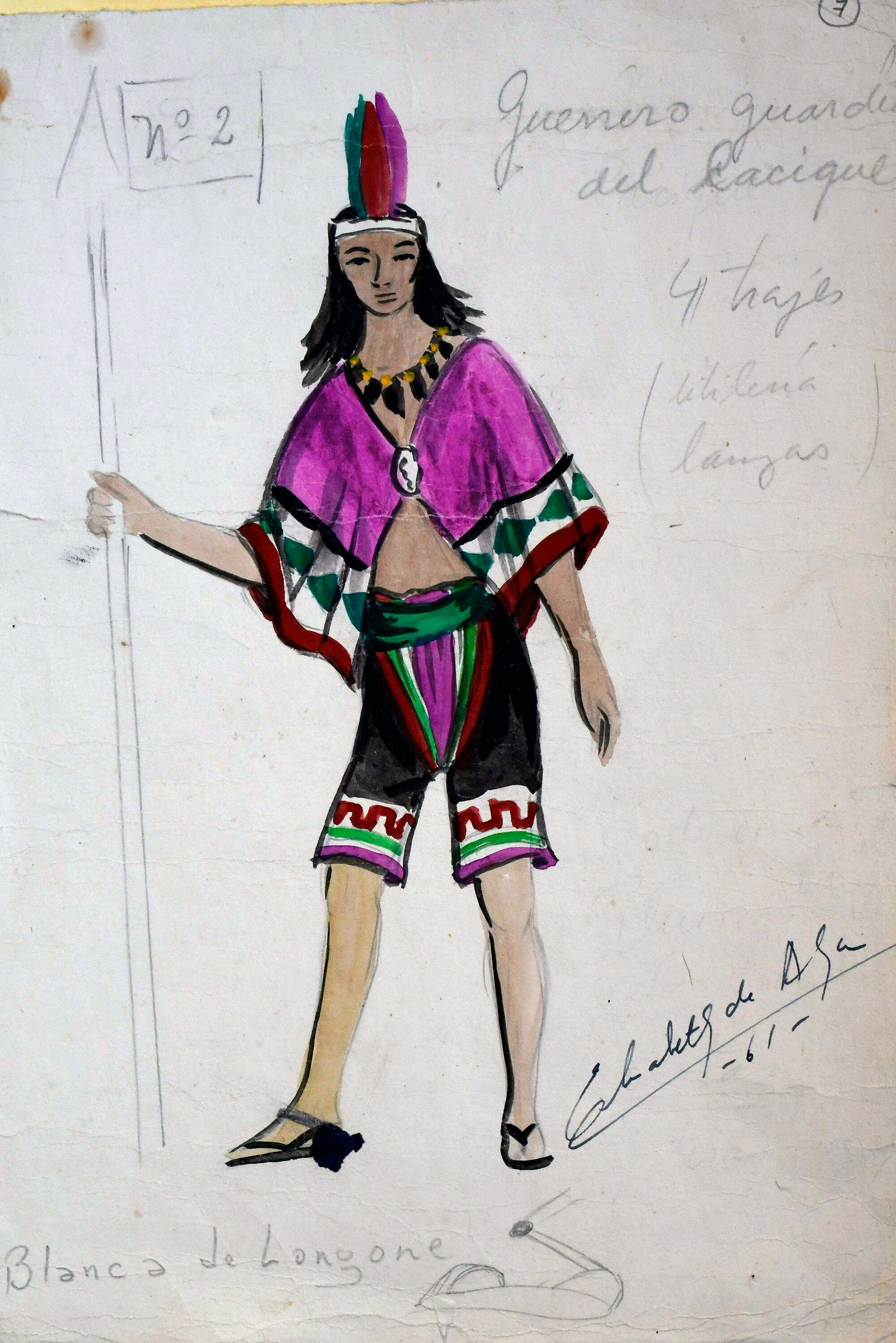 Boceto de guerrero guardián del cacique, en total eran cuatro trajes y se complimentaba con lanzas, de la diseñadora Elizabeth Hradil Pol de Alza,  para la Fiesta de la Vendimia 1961, la costurera que realizó ese trabajo Blanca de Longone.
