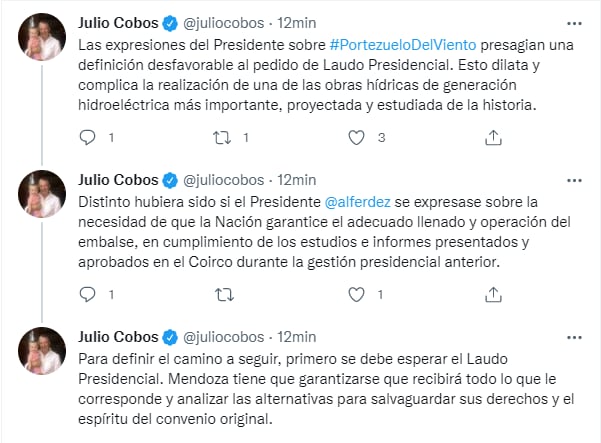 El ex gobernador Julio Cobos cuestionó los argumentos de Fernández por el revés a Portezuelo del Viento.