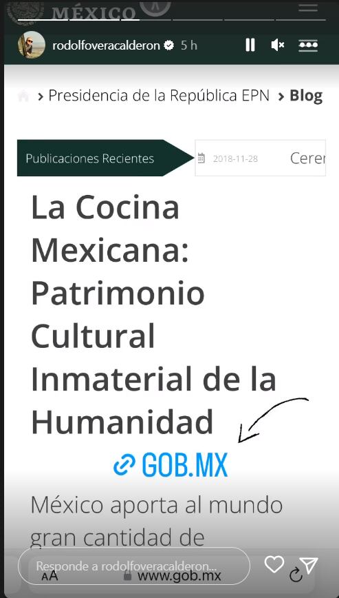 Rodolfo subió a sus historias un articulo que habla de la importancia de la cocina mexicana en el mundo