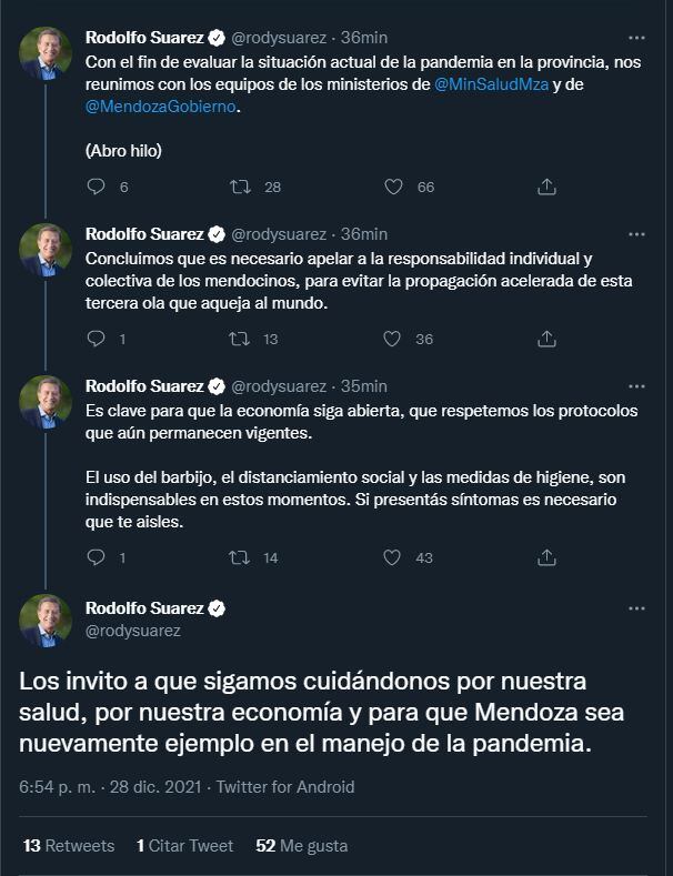 Este es el mensaje que publicó el gobernador Rodolfo Suárez en su cuenta de Twitter.