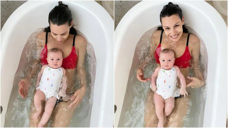 Algunas de las postales que compartió Pampita en la bañadera con su hija Ana.