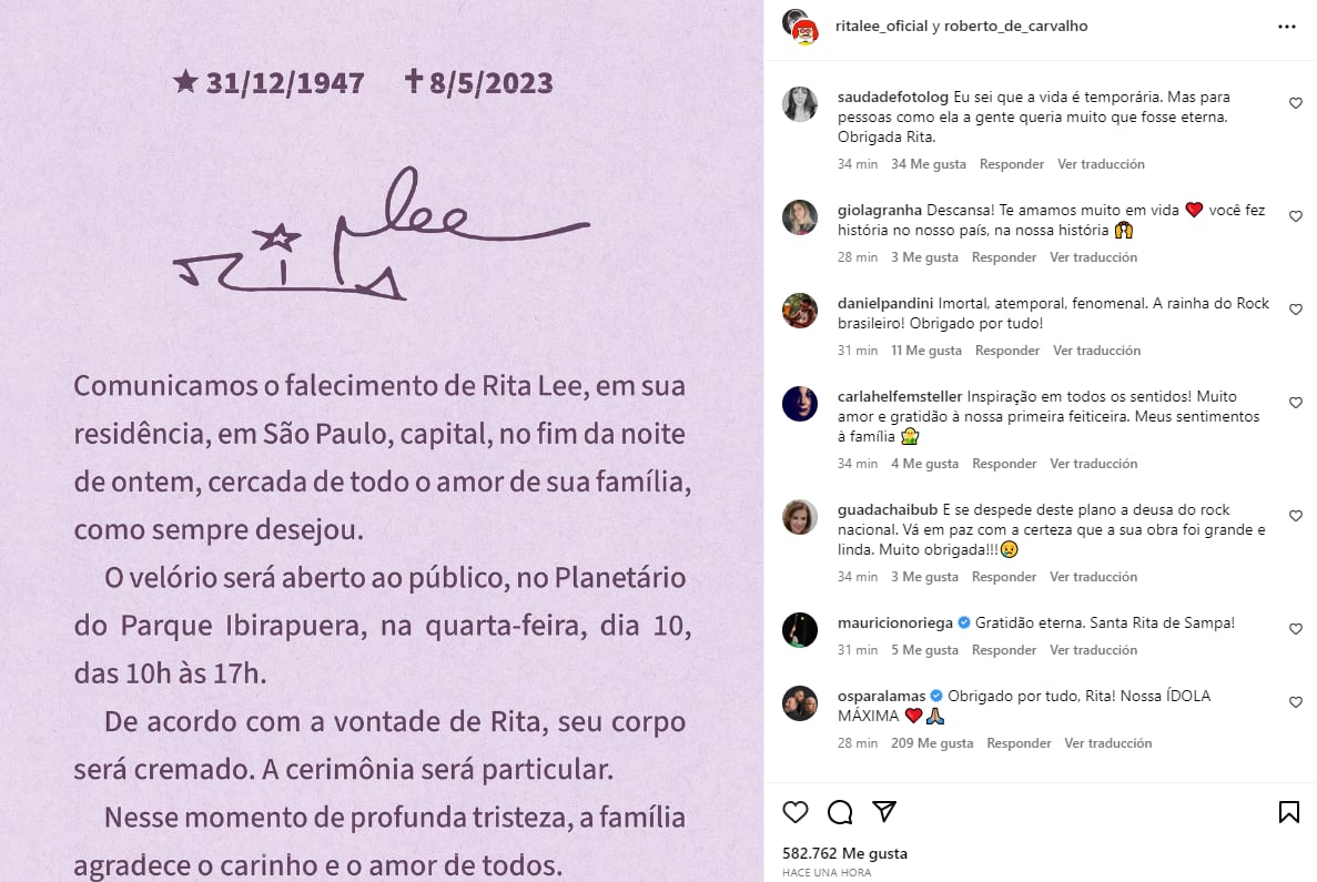 Mensaje del fallecimiento de Rita Lee