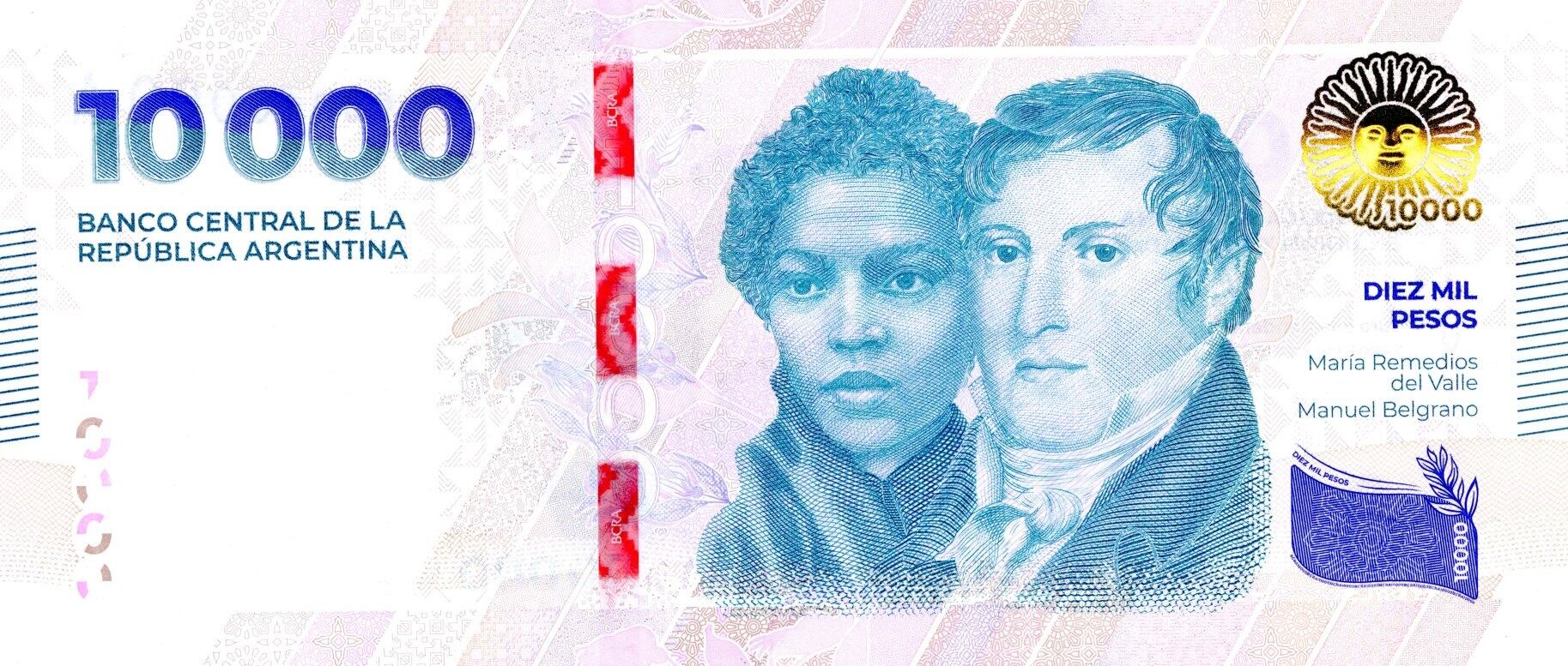 El nuevo billete de $10.000 con Manuel Belgrano y María Remedios del Valle (BCRA)