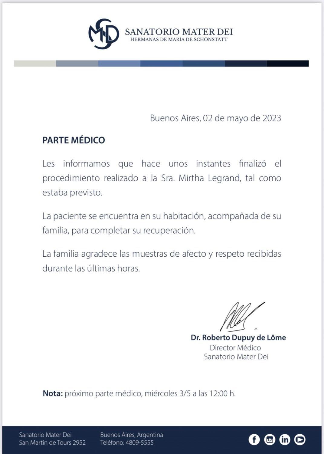 El parte médico oficial del sanatorio por la operación de Mirtha Legrand.