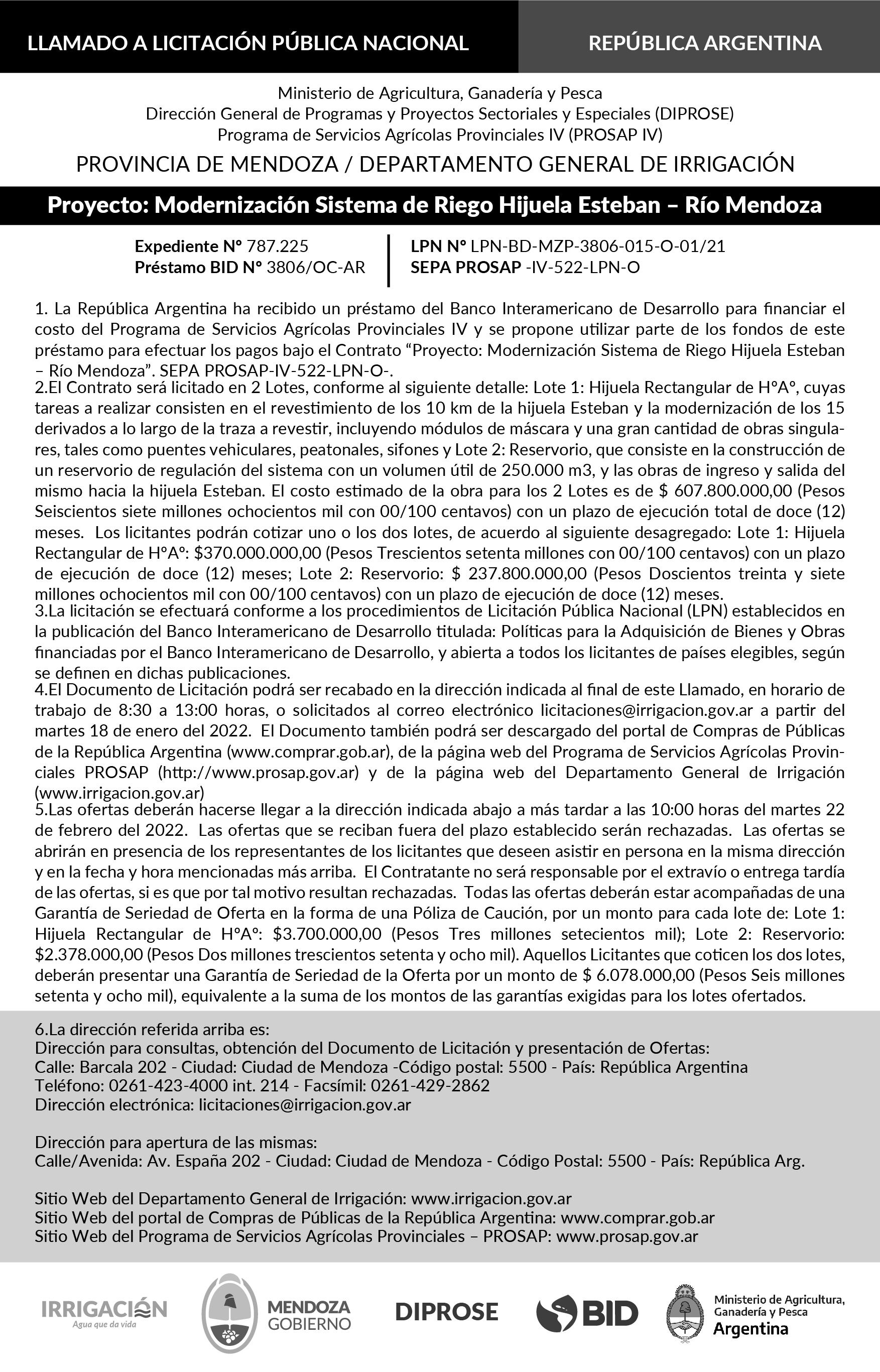 El llamado a licitación lanzado por el Departamento General de Irrigación