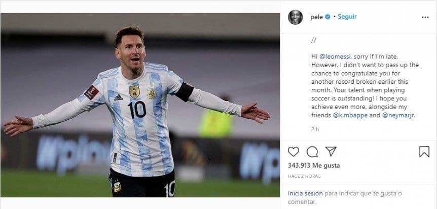 El saludo de Pelé mediante su cuenta de Instagram.