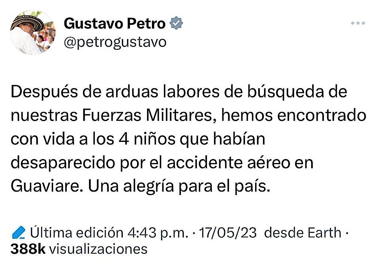 El presidente de Colombia publicó un mensajes con información falsa sobre el rescate de cuatro chicos indígenas y debió borrarlo. Foto: captura de pantalla