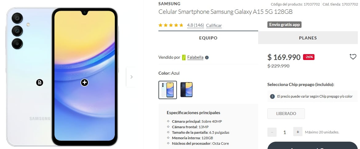 La tienda de Falabella ofrece un Samsung Galaxy A15 5G 128GB a un precio promocional de $169.990 chilenos.