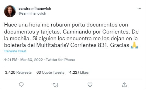 Sandra Mihanovich denunció un robo que sufrió mientras caminaba por Avenida Corrientes