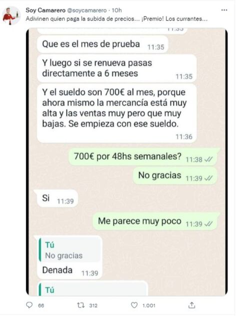 Un joven que quiso trabajar como mozo recibió una llamativa explicación para aceptar su sueldo bajo.