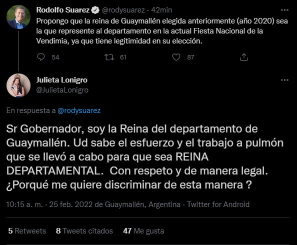 La reina "blue" de Guaymallén, contundente con Suares: "Soy la reina de Guaymallén". Foto: Captura Twitter