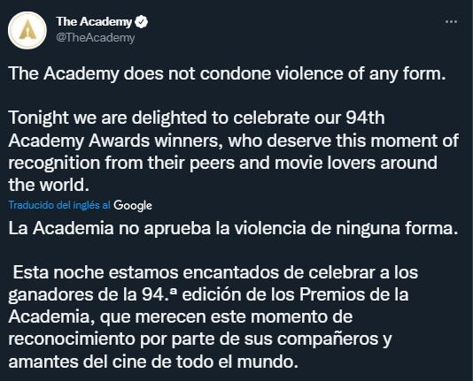 Comunicado de La Academia tras el incidente de Will Smith