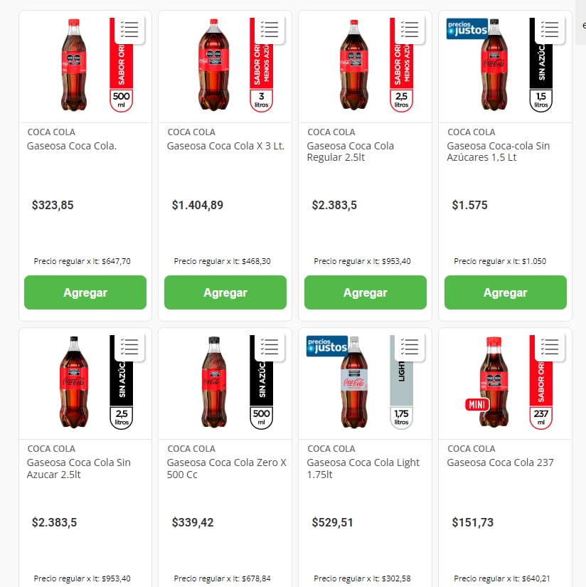 El litro de coca cola es más barato en sus presentaciones de 3L y de 500 ml.