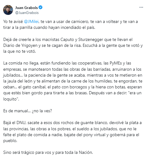 El tweet que Juan Grabois escribió previo al debate del DNU en el Senado. Gentileza: Captura X @JuanGrabois.