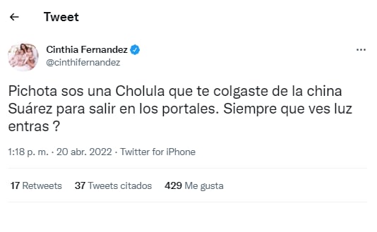 Después de varios tweets sobre el tema, Cinthia Fernández se refirió directamente a Malena Pichot.