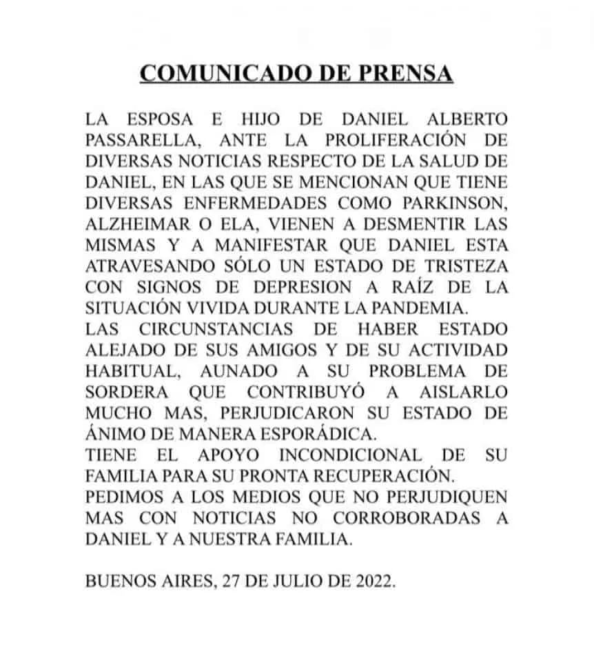 El comunicado de prensa de la familia sobre la salud de Passarella. Foto: Web