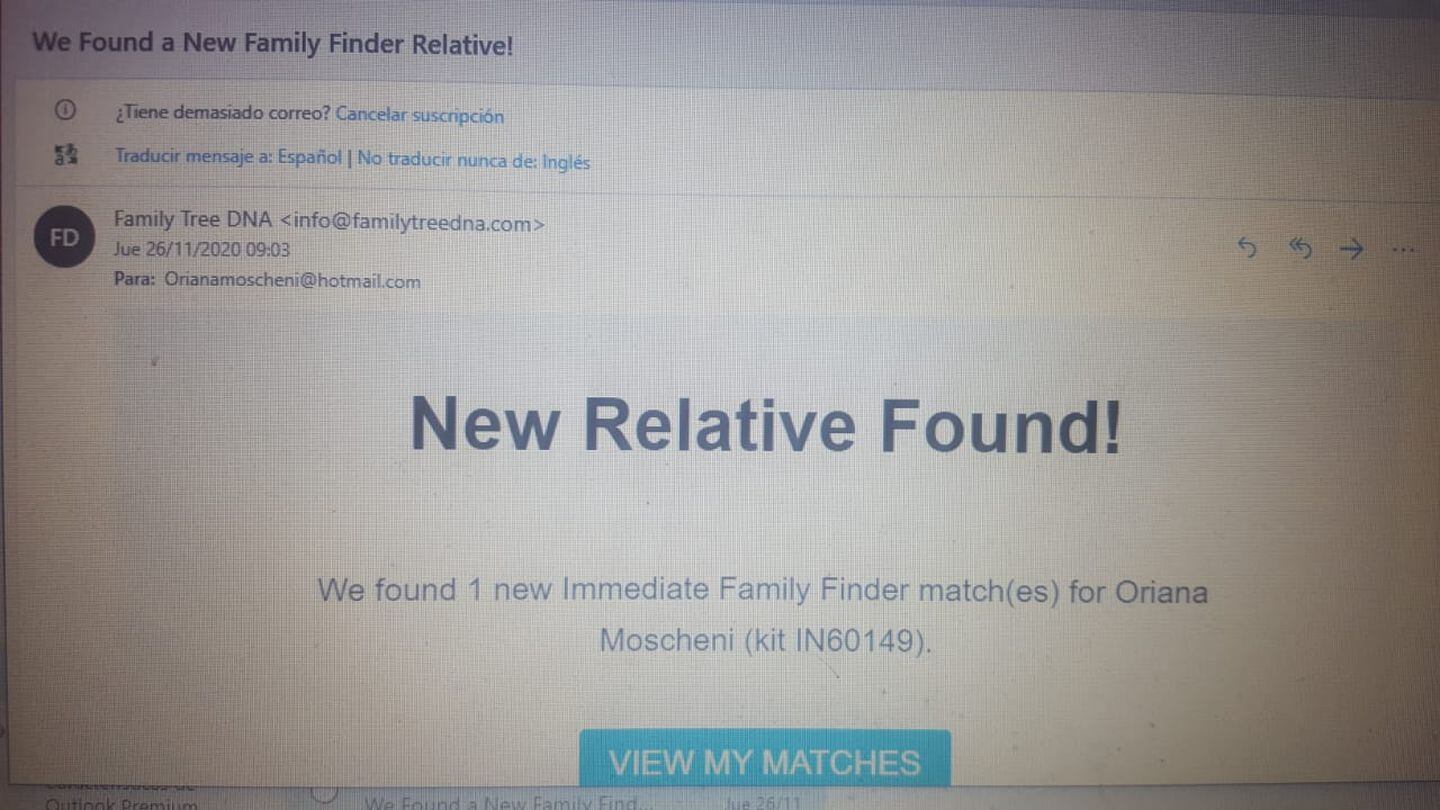 El resultado de la coincidencia de ADN que les llegó al mail.