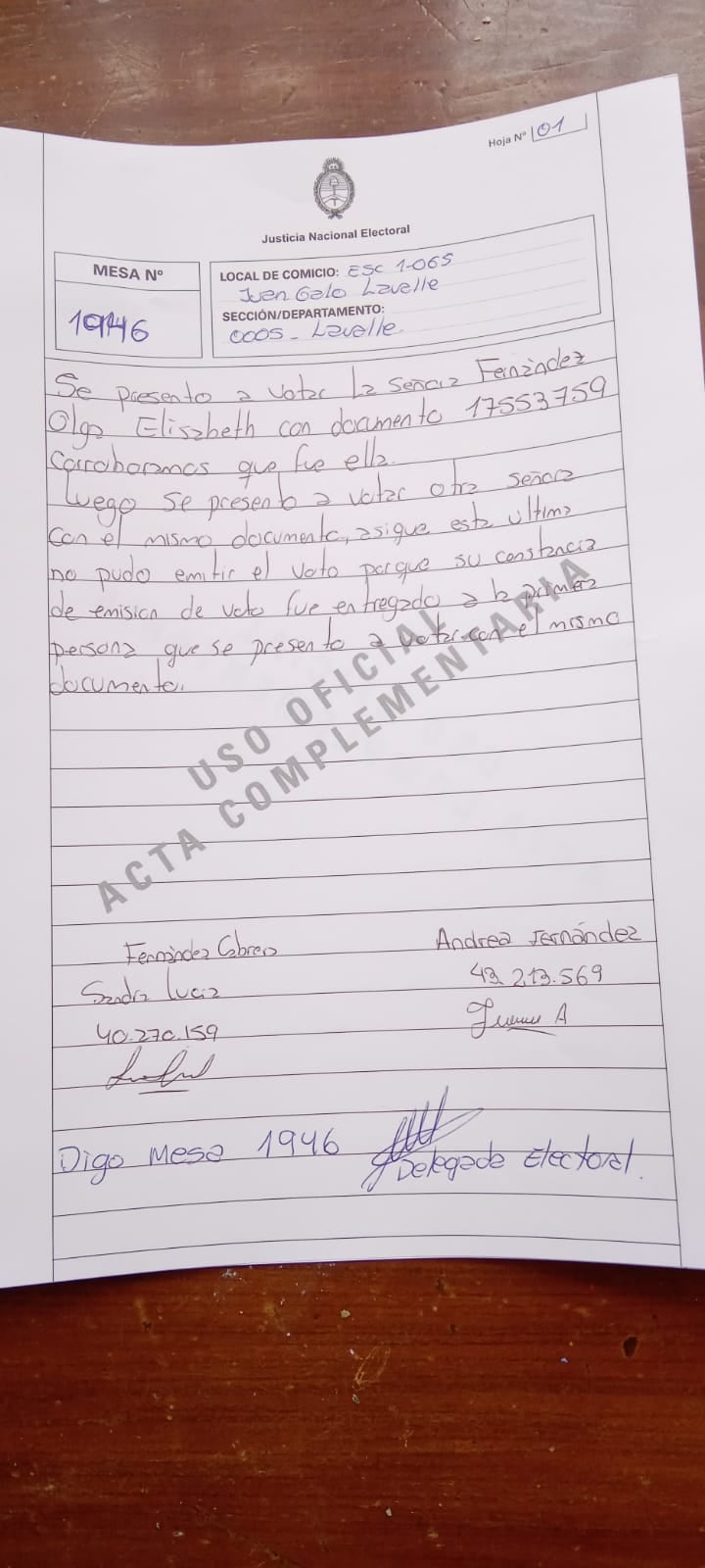 Fue a votar y alguien había votado en su lugar. Olga Fernández de Lavalle fue a votar y le dijeron que otra persona con su documento ya había votado. Esta es el acta que realizaron en la escuela.